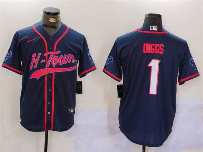Men%27s Houston Texans #1 Stefon Diggs Navy With Patch Cool Base Stitched Baseball Jersey